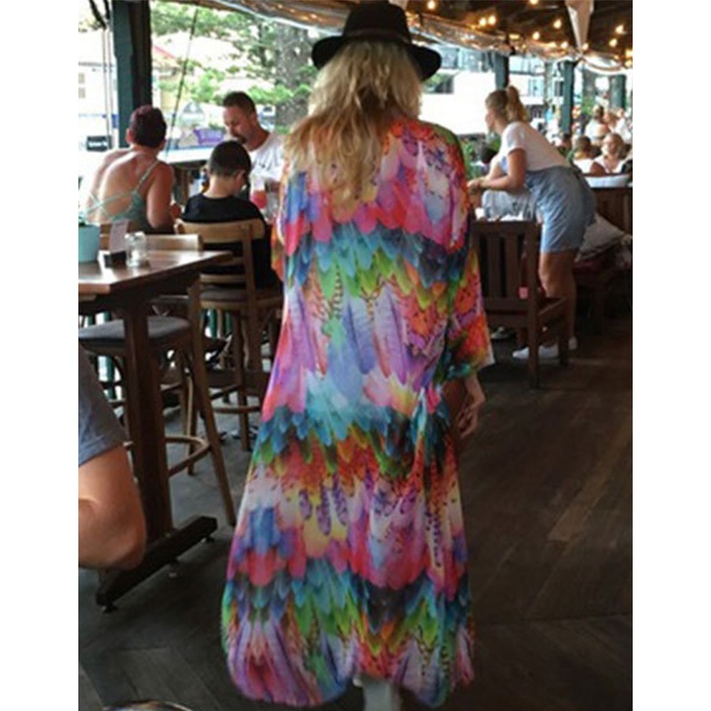Bohemian Rainbow Feathers Kimono Beach Coverup - Picture 4 of 12